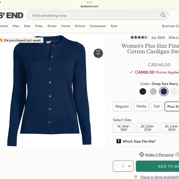 LANDS END PLUS SIZE SUPIMA COTTON CARDIGAN SWEATER - Picture 3 of 4